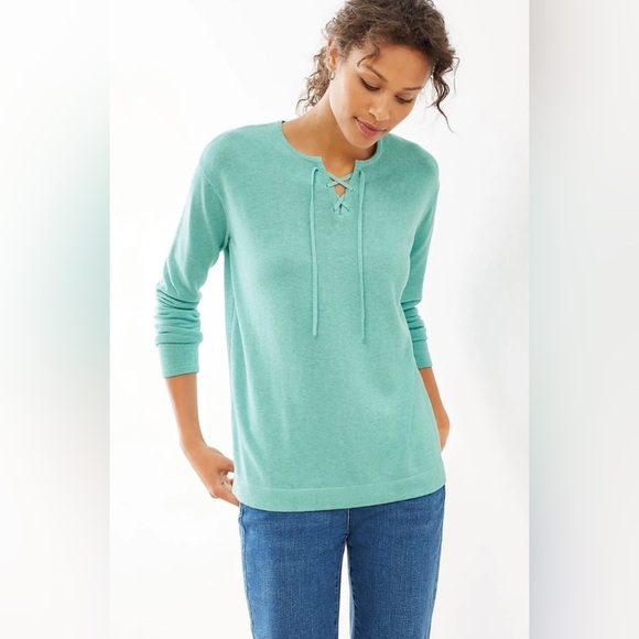 J. Jill XSP Lace-Up Pullover Sweater Relaxed Fit Topaz Heather Teal - Picture 2 of 7